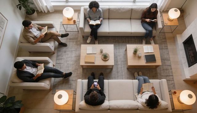 Six adults reading together in sunlit modern lounge, cozy communal living room lifestyle