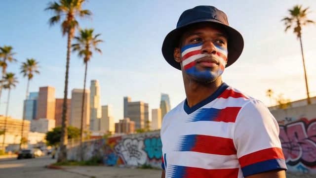 Man wearing bucket hat with red white blue face paint by graffiti and skyline at sunset