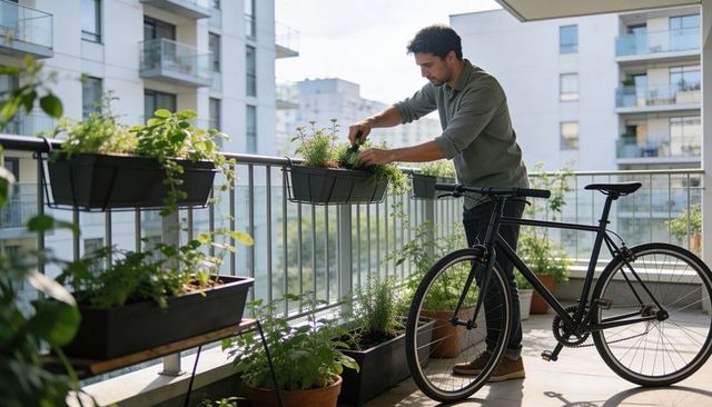 Urban balcony gardening man tending herb planters beside bicycle on sunlit city terrace