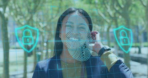woman interacting with virtual fingerprint security interface - Download Free Stock Images Pikwizard.com