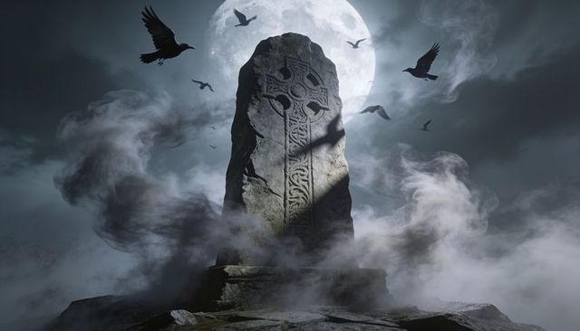 Moonlit celtic standing stone with intricate cross and circling crows on foggy moor night