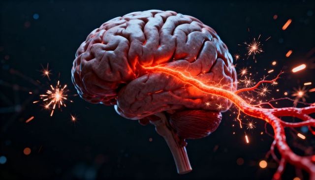 Brain Neural Activation Revealing Cortex and Brainstem Igniting Red Nerve Pathway