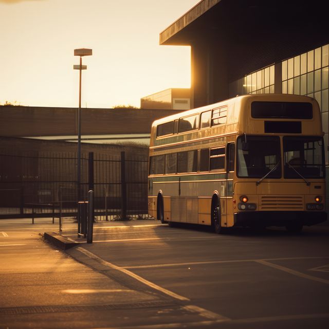 Vintage yellow double-decker bus parked nearby station under dramatic sunset lighting, creating a nostalgic atmosphere. Useful for themes related to transportation, retro journeys, and urban exploration. Perfect for travel blogs, transportation companies, and retro-themed advertisements.