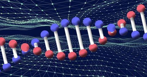 Floating 3d molecular chain running across dynamic wireframe mesh with glowing nodes