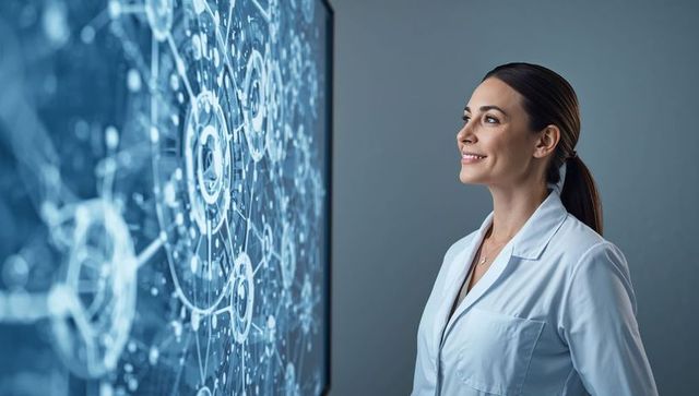 Female scientist studying digital network visualization on large touchscreen display in lab