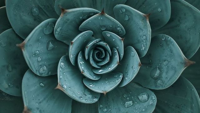 Teal succulent rosette forming spiral with water droplets and brown tip accents