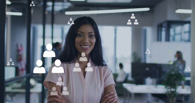 Confident Businesswoman in Modern Office with Team Icons on Foreground - Download Free Stock Images Pikwizard.com