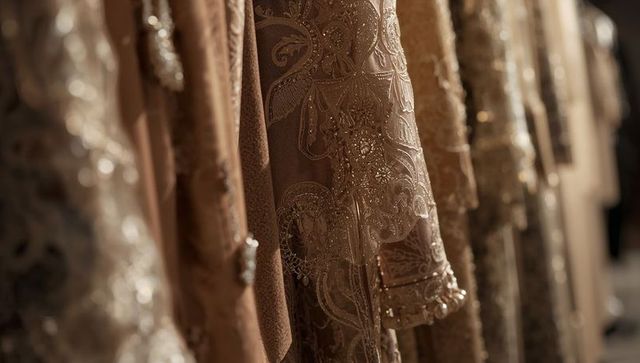 Ornate gold embroidered gown with beadwork lace and sequins hanging in warm boutique light
