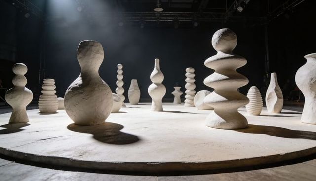 Minimalist plaster sculptures on circular platform under dramatic spotlight and shadows