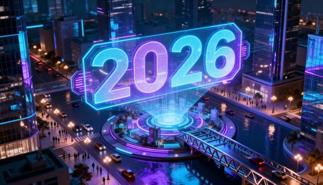 Glowing holographic 2026 hovering over neon waterfront plaza, futuristic city nightscape