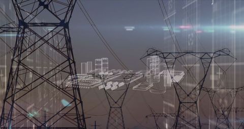 Futuristic cityscape and data overlay with electricity poles