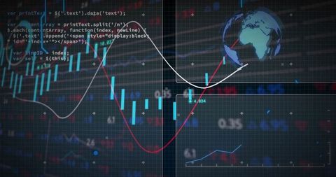 Digital Analytics Dashboard with Candlestick Chart and Globe Icon