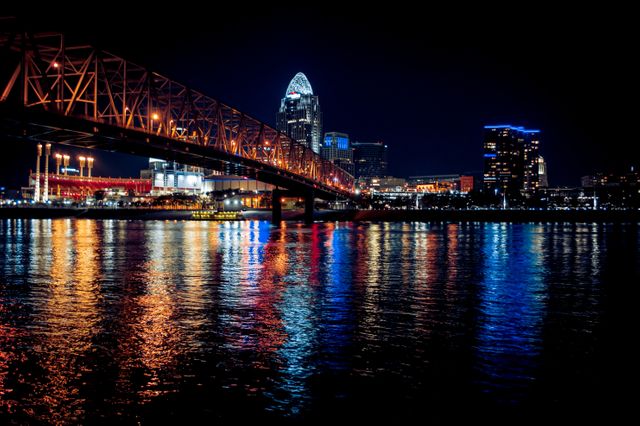 Image showcasing an illuminated city skyline and bridge over water at night, with buildings and bridge lights reflecting in the river. Suitable for articles on urban living, travel, city guides, architecture, and infrastructure projects.