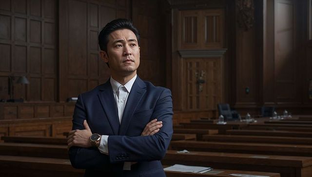 Confident attorney standing in historic wood-paneled courtroom with arms crossed and papers