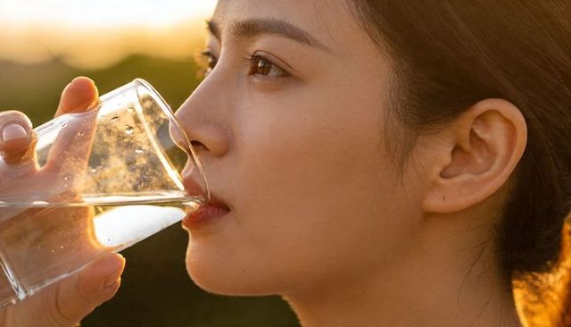 Asian woman drinking water from glass during golden hour, backlit outdoor portrait