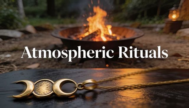 Glinting bronze triple-moon pendant resting on campfire glow with chain and fire pit bokeh