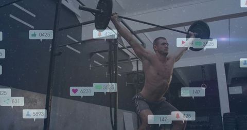 Athlete Lifting Barbell in Gym with Social Media Layer