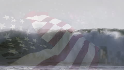 Double Exposure of USA Flag over Ocean Waves