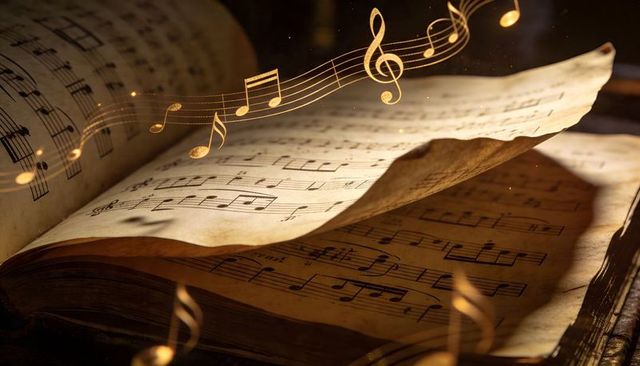 Vintage sheet music with glowing floating notes and curled aged manuscript pages