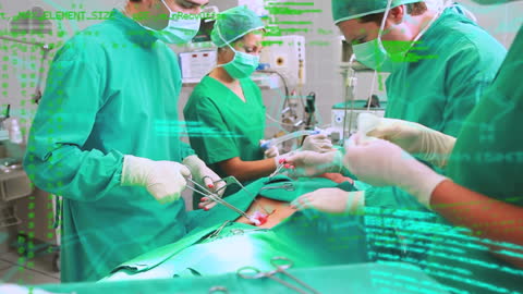 Diverse Surgical Team Performing Operation with Data Overlay