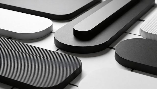Monochrome minimalist geometry featuring rounded-rectangle blocks with ribbed matte texture