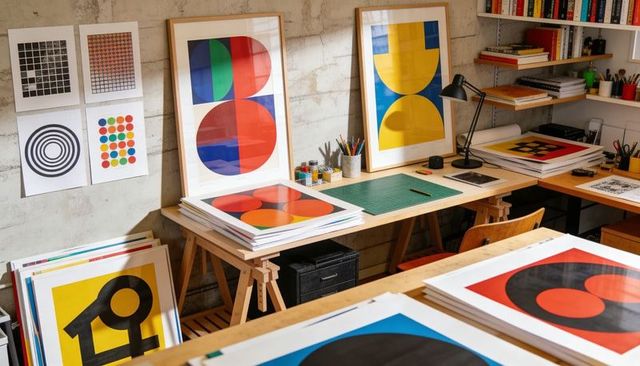 Displaying bold geometric prints on studio worktables with vibrant colors and minimalist