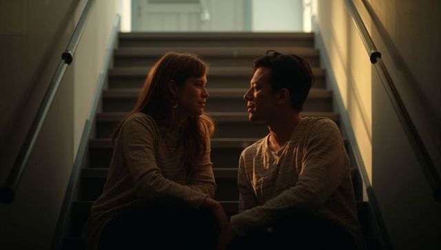 Couple sharing intimate moment sitting on staircase at sunset backlight warm conversation