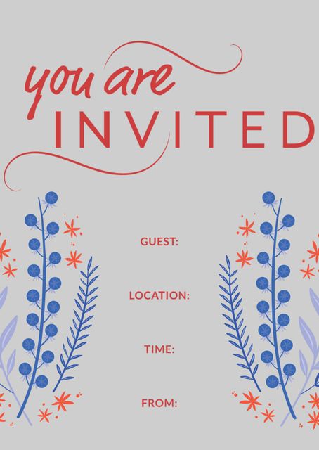 Floral Invitation Template with Blue and Red Accents - Download Free Stock Templates Pikwizard.com