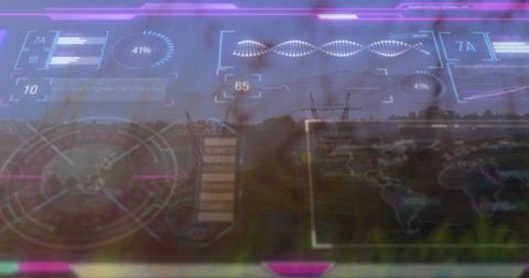 Holographic HUD Projecting Neon Interface over Countryside with DNA Waveform and Map