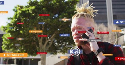 Urban Creator Talking on Smartphone Walking Through Plaza Surrounded by Social Media Alerts