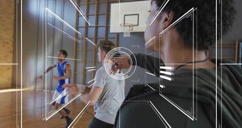 Male Basketball Players Practicing on School Court with HUD Sports Overlay