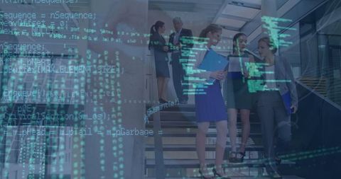 Digital interface overlay on diverse business team descending staircase