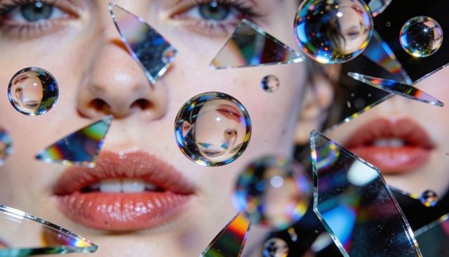 Freckled woman face reflected through prism droplets and mirror shards, iridescent makeup
