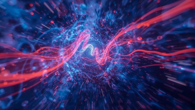 Swirling neon energy tunnel pulsing with red-pink light ribbon and particle stream