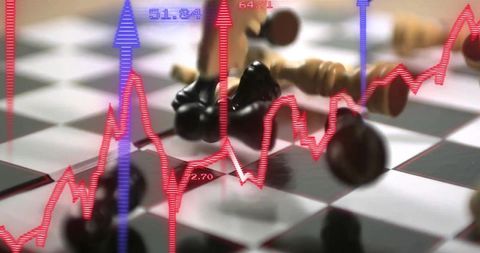 Toppled black king on glossy chessboard with red market graph overlay