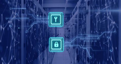 Cybersecurity Concept with Key and Lock Icons Over Data Servers - Download Free Stock Images Pikwizard.com