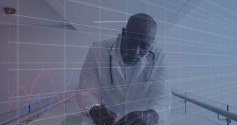 Physician reviewing clinical data with digital analytics overlay, healthcare insights
