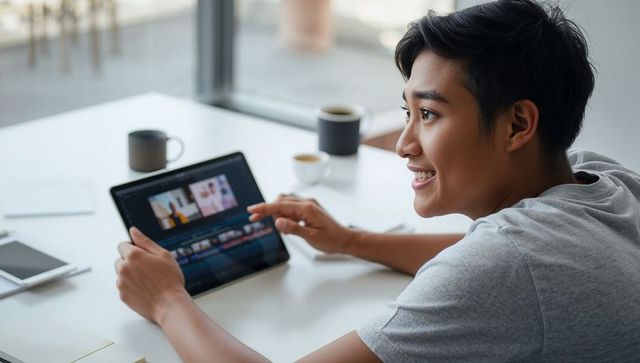 Smiling asian man editing video timeline on tablet in sunlit home workspace