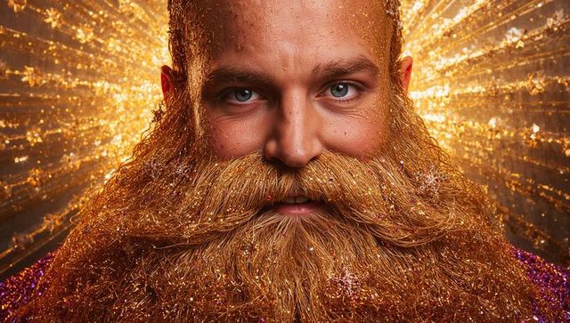 Shimmering golden beard close-up featuring radiant halo and glittering sequins