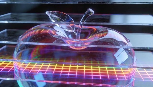 Crystal glass apple refracting neon grid, iridescent prism reflections on slatted mirror