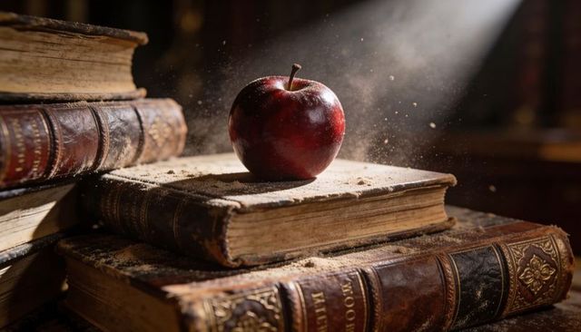 Resting deep red apple on antique leather books, sunlight beam illuminating dust motes