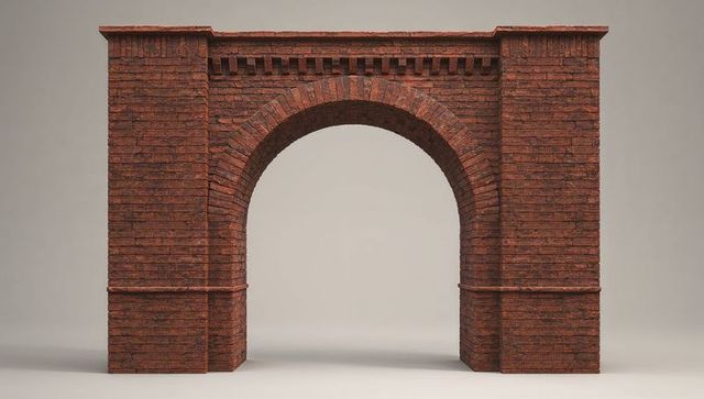 Freestanding red-brown brick archway featuring voussoirs and mortar, symmetrical masonry
