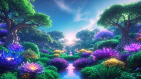 Ethereal twilight garden with glowing mystical blooms, garden of eden concept