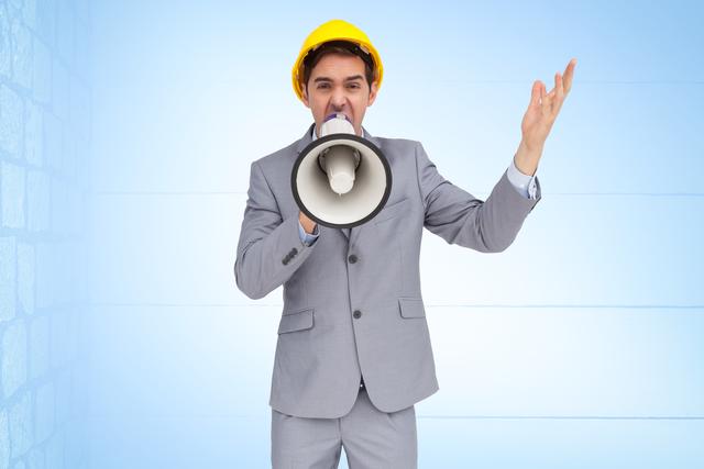 Architect in formal suit and yellow hard hat shouting through megaphone. Useful for illustrating office dynamics, leadership, construction site activities, teamwork, and project management scenarios.