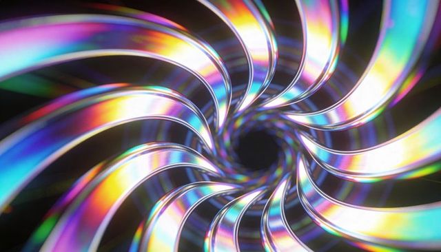 Iridescent metallic ribbon tunnel spiraling into dark void with prism reflections