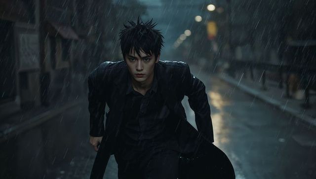 Crouching asian man in long dark coat running through rainy urban street cinematic noir