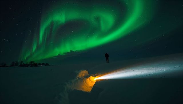 Figure watching green northern lights over snowy plain with illuminated snow trench