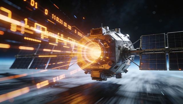 Futuristic satellite emitting glowing orange data beam over earth, solar arrays and hud trails