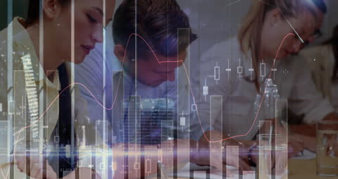 Business Team Analyzing Market Trends with Data Overlay