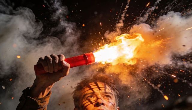 Holding red flare overhead emitting roaring flame and sparks at night